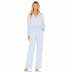 Women's blue lapel shirt and trouser set front view