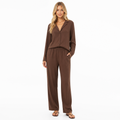 Women's brown lapel shirt and trouser set front view