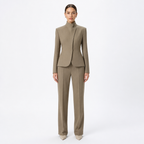 Khaki three-dimensional cut high collar suit jacket and trouser two-piece set front view