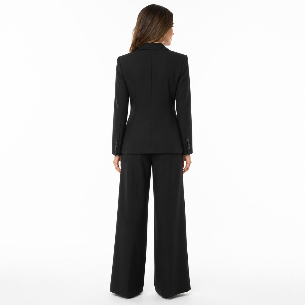 Black double-breasted blazer trouser set back view