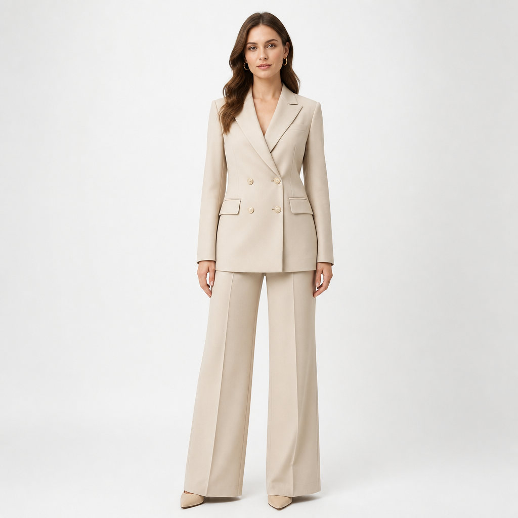 Beige double-breasted blazer trouser set front view