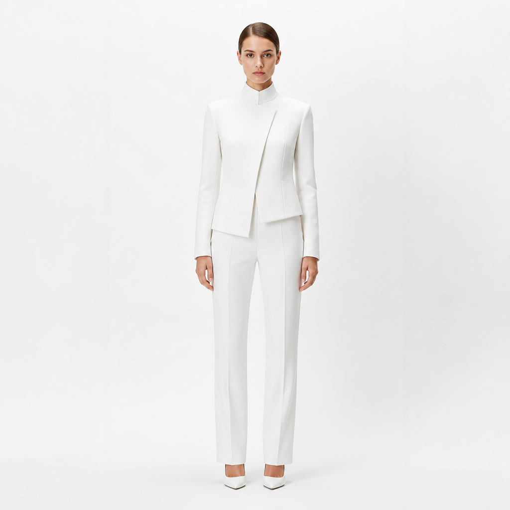 White three-dimensional cut high collar suit set front view