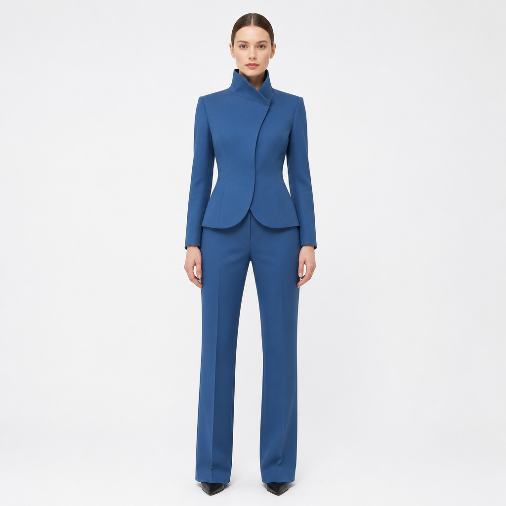 Blue three-dimensional cut high collar suit set front view
