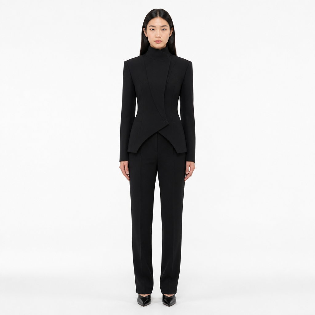 Black three-dimensional cut high collar suit set front view