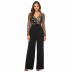 Black embroidered sheer-top wide-leg jumpsuit front view