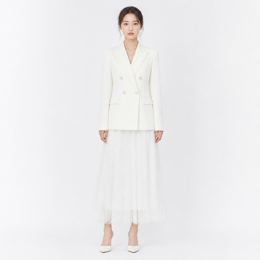 White French-style double-breasted blazer and mesh A-line long dress two-piece set front view