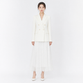 White French-style double-breasted blazer and mesh A-line long dress two-piece set front view