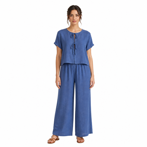 Blue cotton linen half-sleeve top and wide-leg trouser two-piece set front view