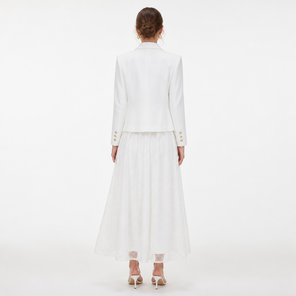 White French-style blazer and mesh dress set back view