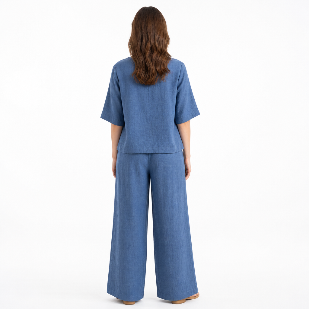 Blue cotton linen half-sleeve top and trouser set back view