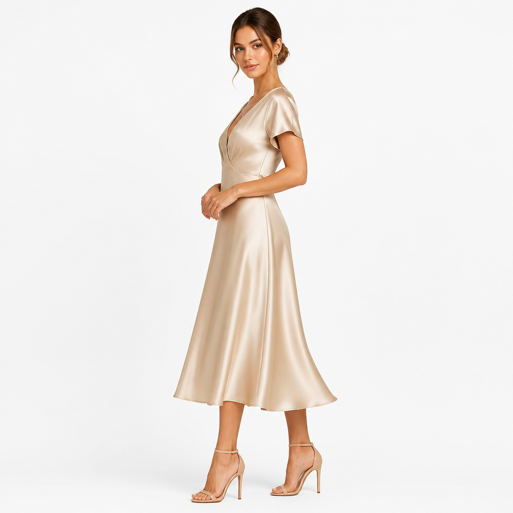 Satin V-Neck Short-Sleeve Midi Dress for Holiday Events – Maison Vyke