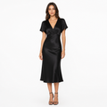Black satin V-neck midi dress front view