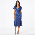 Blue satin V-neck midi dress front view