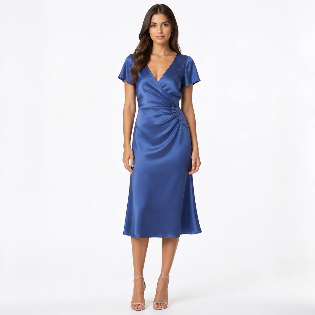 Blue satin V-neck midi dress front view