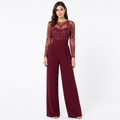 Burgundy embroidered sheer-top wide-leg jumpsuit front view