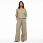 Khaki cotton linen half-sleeve top and trouser set front view