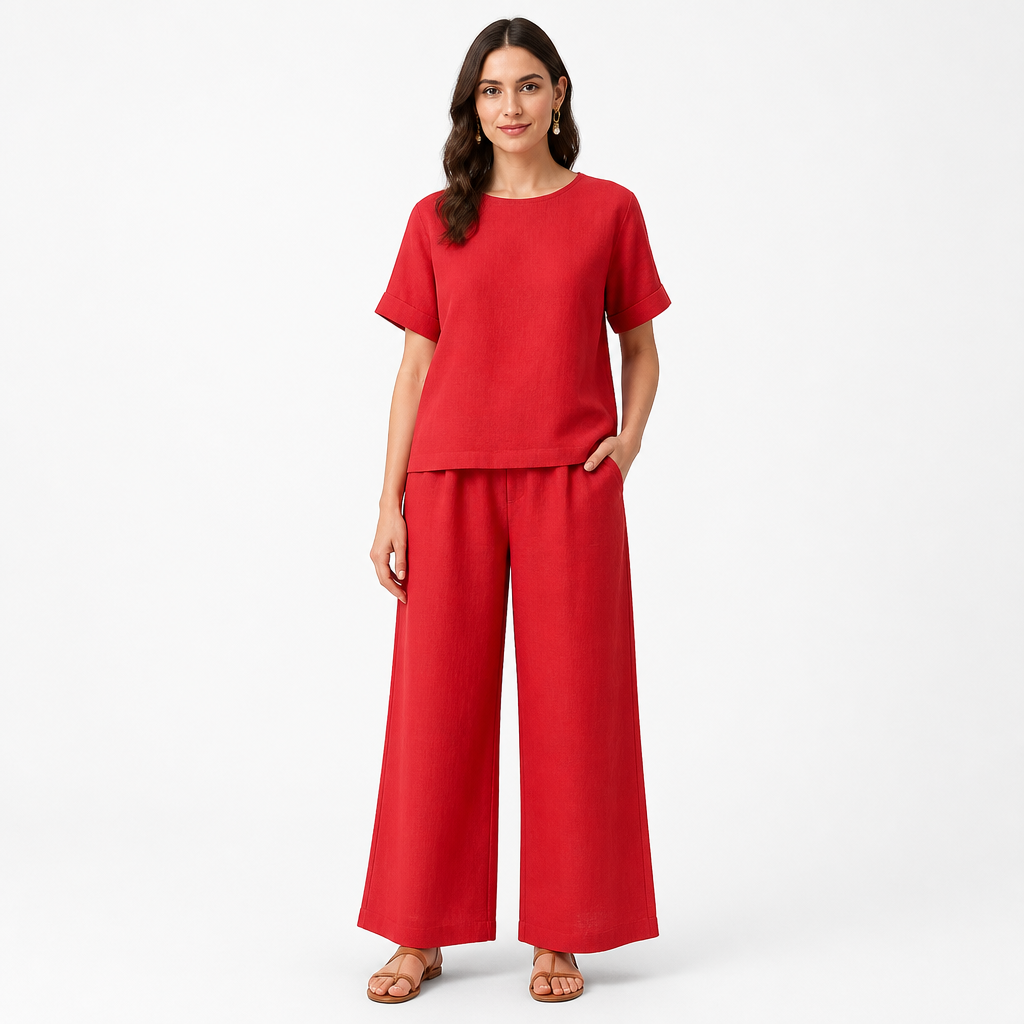 Red cotton linen half-sleeve top and trouser set front view