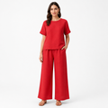 Red cotton linen half-sleeve top and trouser set front view