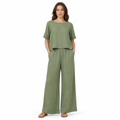 Green cotton linen half-sleeve top and trouser set front view