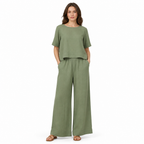 Green cotton linen half-sleeve top and trouser set front view