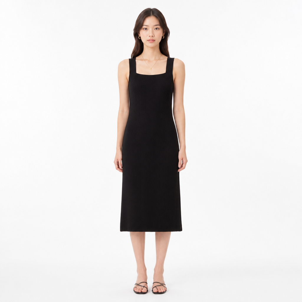Black knitted square-collar sleeveless midi dress front view