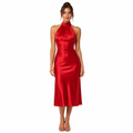 Red satin halter neck sleeveless midi dress front view