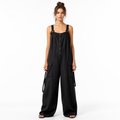 Black cotton linen vintage button-front wide-leg jumpsuit front view