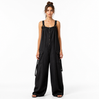 Black cotton linen vintage button-front wide-leg jumpsuit front view