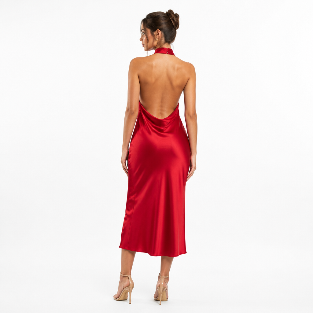 Red satin halter midi dress back view