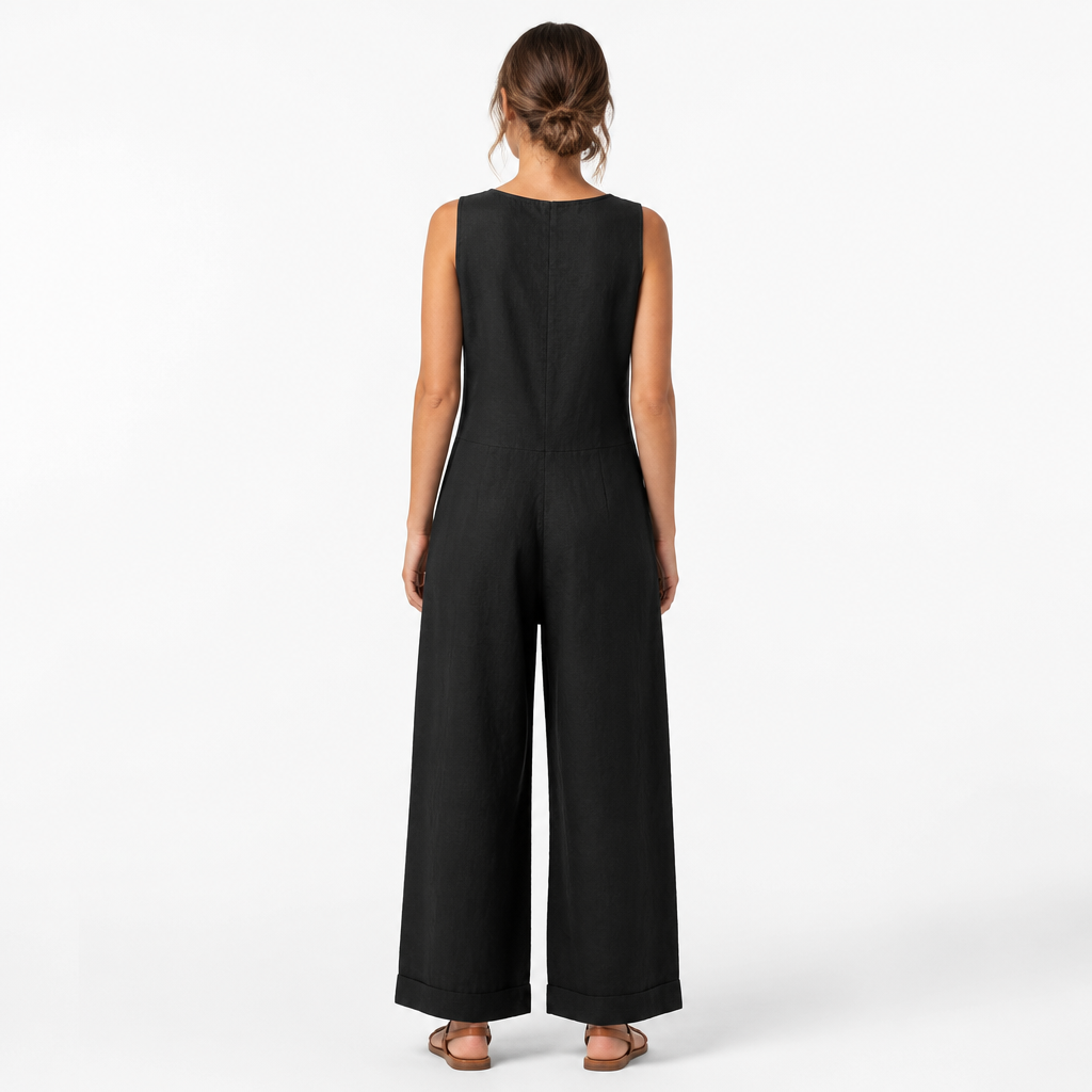 Black cotton linen vintage button-front jumpsuit back view