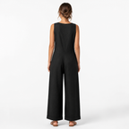 Black cotton linen vintage button-front jumpsuit back view