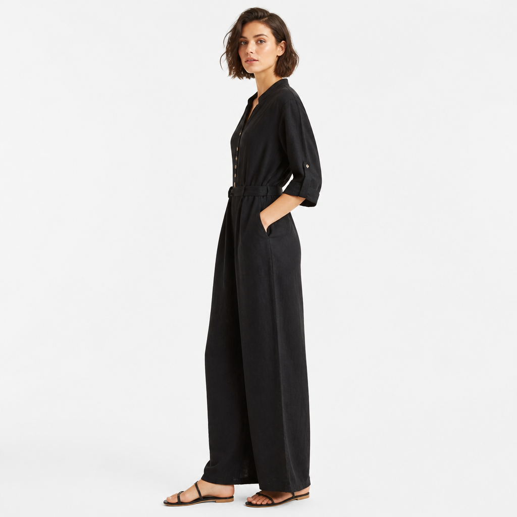 Black cotton linen vintage button-front jumpsuit side view