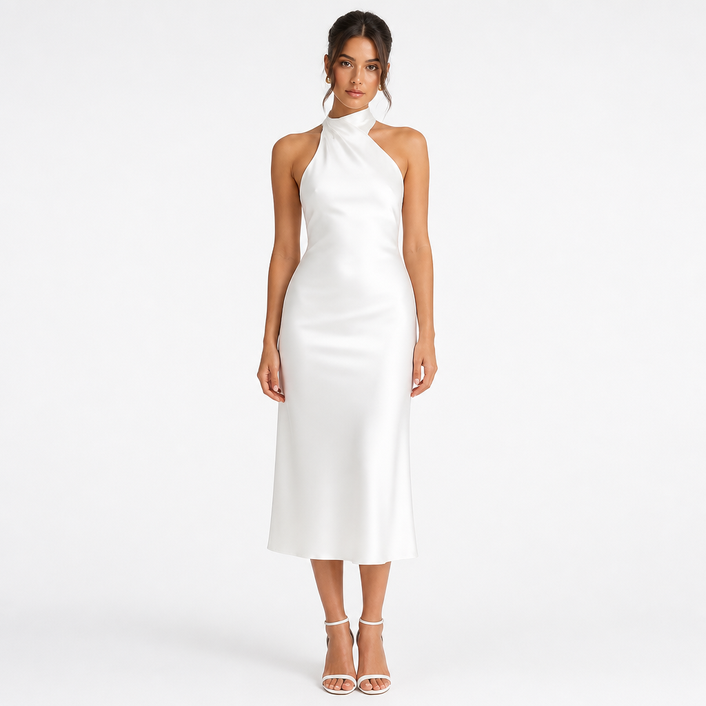 White satin halter midi dress front view