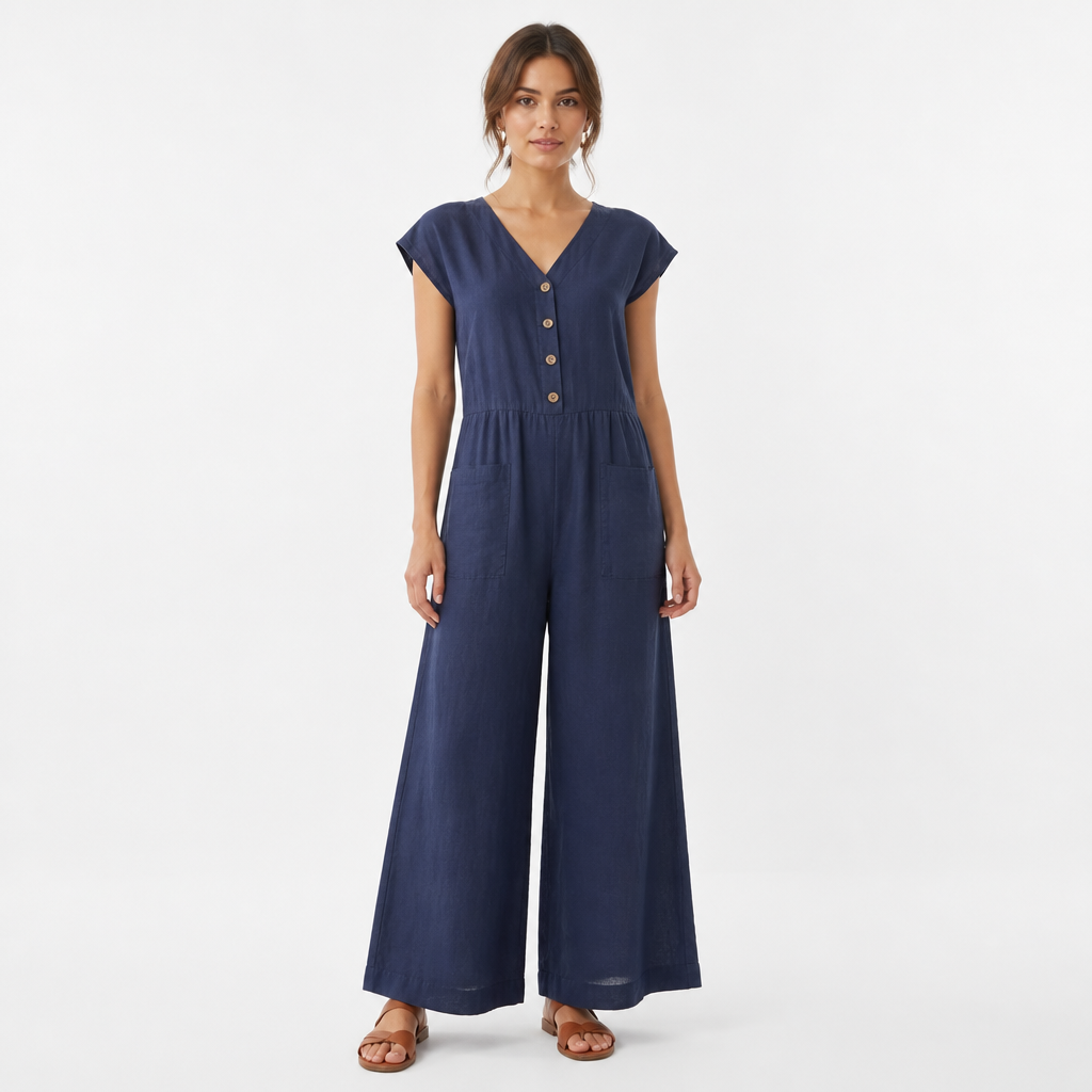 Navy blue cotton linen vintage button-front jumpsuit front view