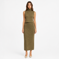 Khaki knit turtleneck vest and skirt set front view