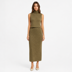 Khaki knit turtleneck vest and skirt set front view