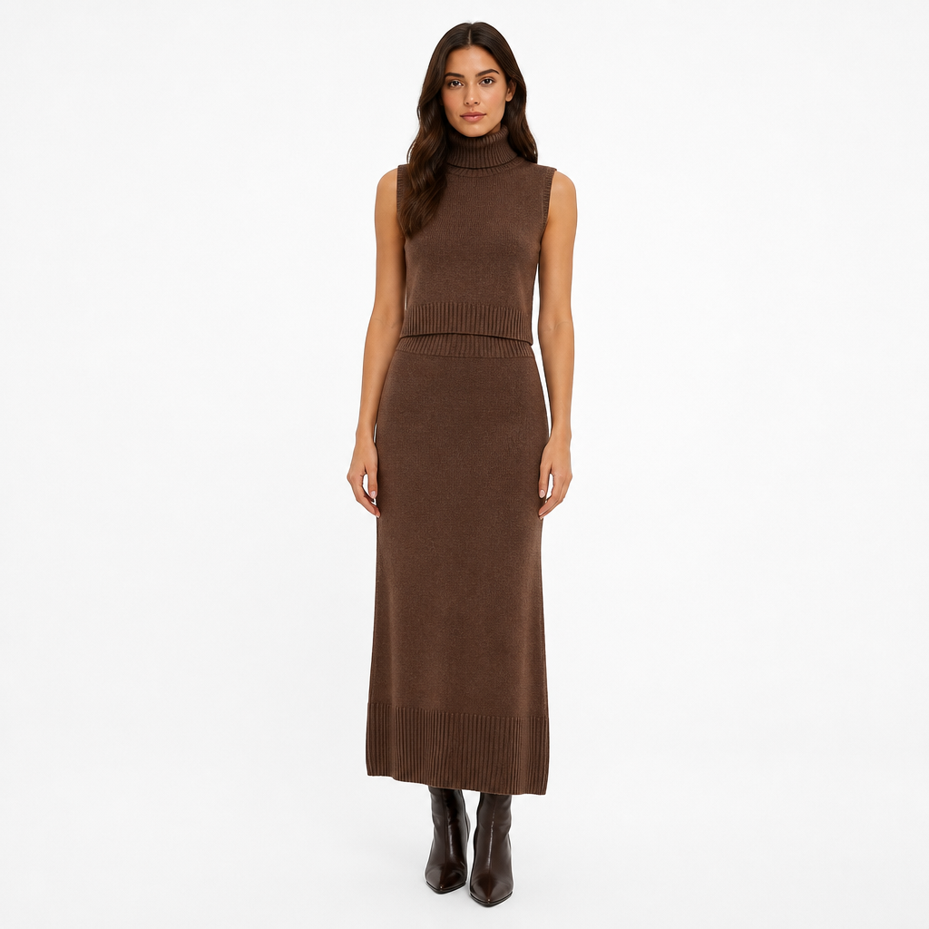 Brown knit turtleneck vest and skirt set front view