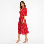 Red floral pleated puff-sleeve midi side view