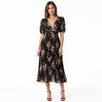 Black floral pleated puff-sleeve midi front view