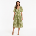 Green floral pleated puff-sleeve midi front view