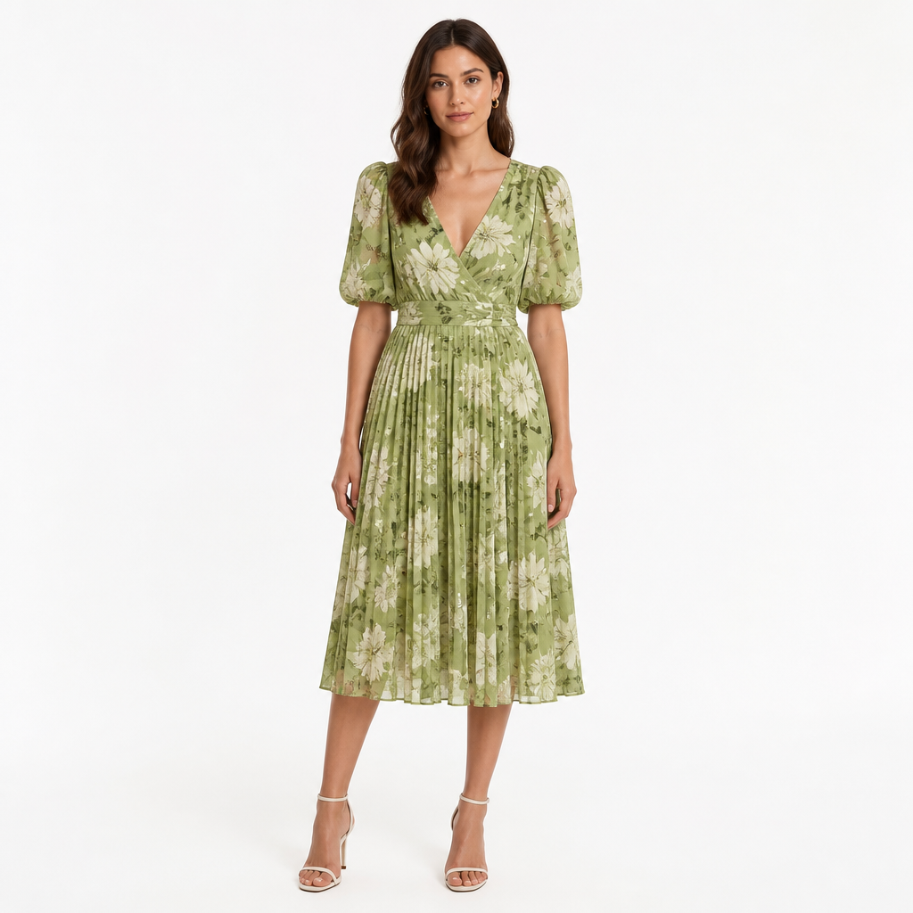 Green floral pleated puff-sleeve midi front view