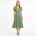 Green floral V-neck pleated short-sleeve midi front view