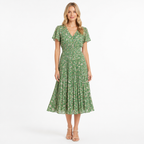 Green floral V-neck pleated short-sleeve midi front view