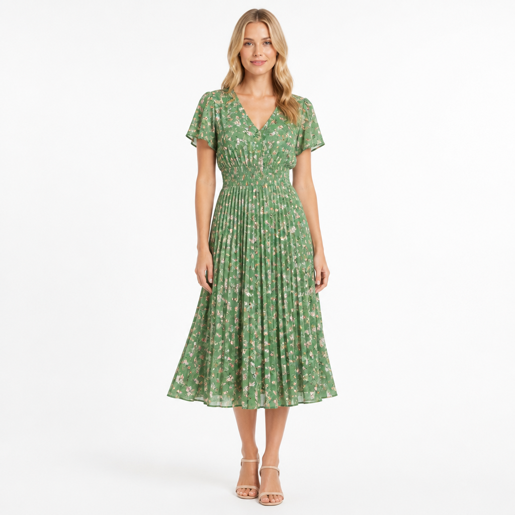 Green floral V-neck pleated short-sleeve midi front view