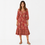 Red bohemian floral A-line midi front view