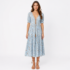 Light blue bohemian floral A-line midi front view