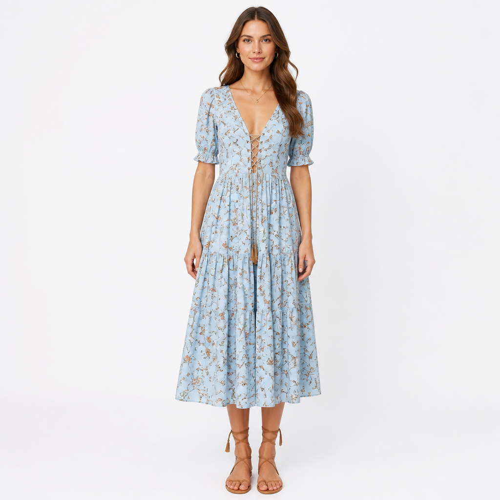 Light blue bohemian floral A-line midi front view
