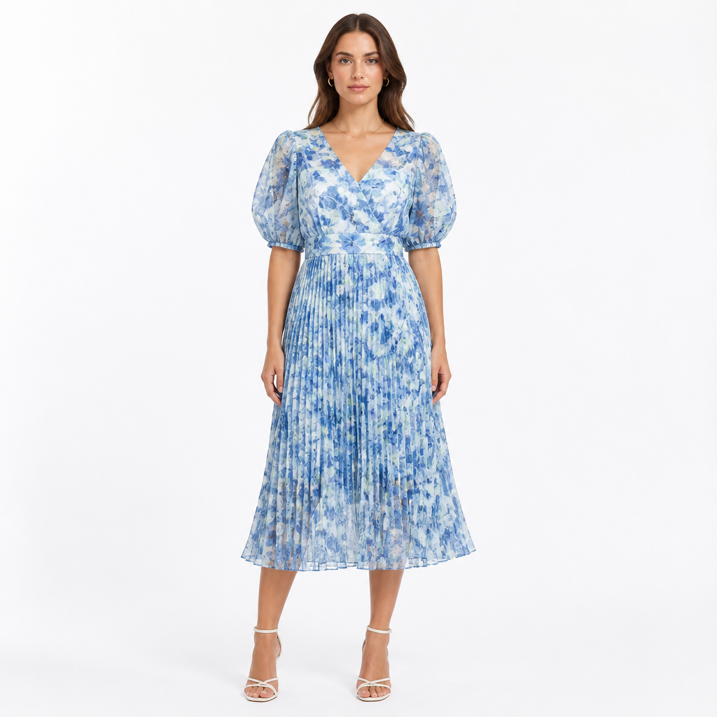 Blue floral pleated puff-sleeve midi front view