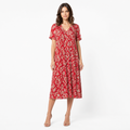 Red floral V-neck pleated short-sleeve midi front view