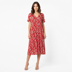Red floral V-neck pleated short-sleeve midi front view
